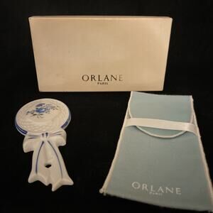 Vintage Orlane Paris Porcelain Hand Held Mirror Original Flannel Bag And Box